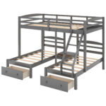 Full over Twin & Twin Bunk Bed,Triple Bunk Bed with Drawers, Gray - imagine 9