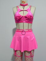 Lace Sexy Lingerie Set Bra Set Solid Color Leather Skirt with Fishnet Stockings Women's - imagine 8