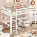 Twin Loft Wood Bed with Under-bed, Built-in Desk, a Storage Cabinet of 2 Drawers, Guardrails, Ladder,White - imagine 15