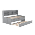 Twin Size Wooden Captain Bed with Built-in Bookshelves,Three Storage Drawers and Trundle Light Grey - imagine 5