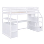 Twin Size Loft Bed with Desk and Shelves Two Built-in Drawers Storage Staircase White - imagine 16