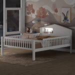 Full Size Wood Platform Bed with House-shaped Headboard, LED and Built-in Storage, White - imagine 2