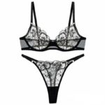 Sexy Lace Underwear Ultra-thin Transparent Heavy Embroidery Tulle Anti-Drop Bra Set - imagine 5