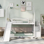 Twin over Twin House Bunk Bed with Convertible Slide,Storage Staircase,White - imagine 2