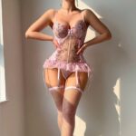 Sexy Pink Transparent Floral Embroidered Mesh Romper Lingerie - imagine 3