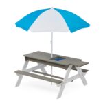 3-in-1 Kids Outdoor Wooden Picnic Table With Umbrella, Sand & Water, Gray ASTM - imagine 7