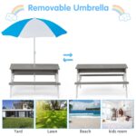 3-in-1 Kids Outdoor Wooden Picnic Table With Umbrella, Sand & Water, Gray ASTM - imagine 8