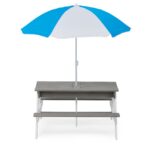 3-in-1 Kids Outdoor Wooden Picnic Table With Umbrella, Sand & Water, Gray ASTM - imagine 2